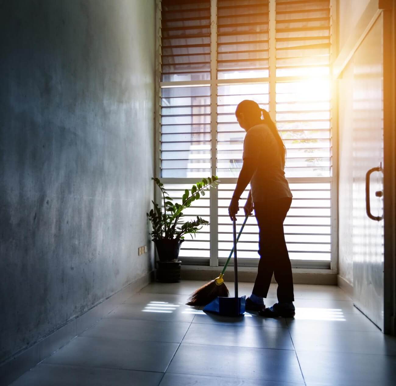 janitor woman sweep floor hallway office square